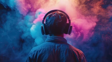 the back of a man wearing big headphones Against the backdrop of various colors. The concept of hearing and sound imagination.