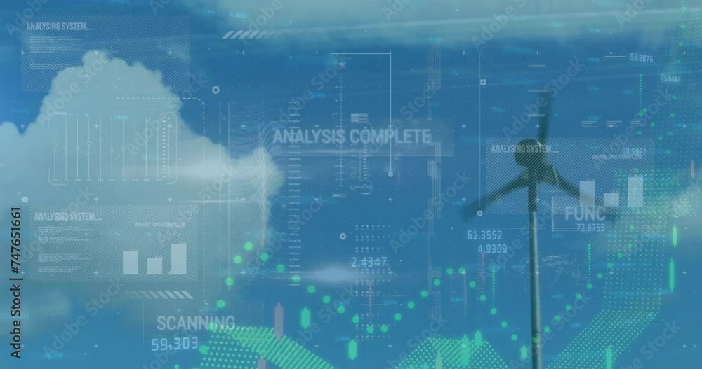 Poster animation of data processing and diagram over wind turbine