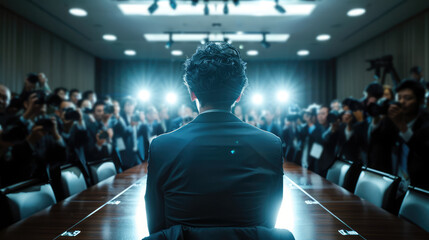An important and authoritative person in suits, prepared to make a press conference, statement, briefing to journalists. Background of camera flashes and lights   - obrazy, fototapety, plakaty