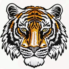 A close up of a tiger's face on a white background