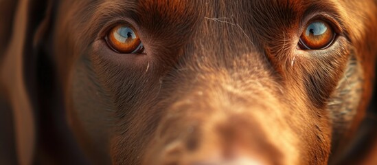 This photo showcases a detailed closeup of a brown Labrador Retriever with captivating blue eyes.