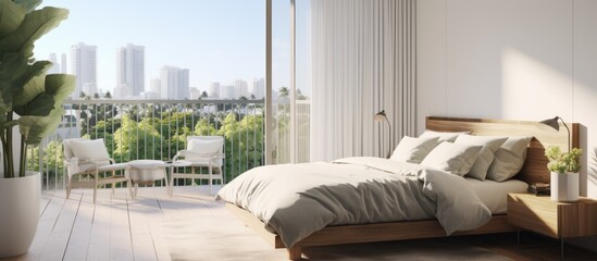 A cozy modern bedroom with a large window offering a stunning view of the city skyline. The room includes a white bed, dresser, and access to a sunny balcony.
