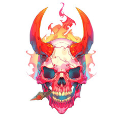 Japanese Asian Devil skull with a Horns and Flames for T-Shirt Design with PNG Image Vector Illustration
