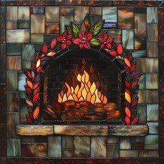 Warmth in Art: Stained Glass Pattern of a Fireplace