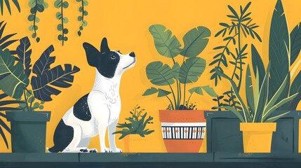 Botanical Bliss: Colorful and Vibrant Illustration of a Dog Amidst Plants