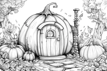 Gardinen A black and white drawing of a pumpkin house © Friedbert