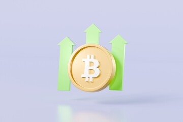 3D Bitcoin Digital gold coins with green up icon. Cryptocurrency price growth. Crypto investment concept. Minimal Cartoon creative design icon isolated on purple background. 3D Rendering.