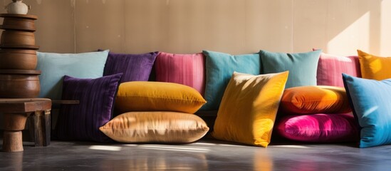 A collection of soft, multi-colored pillows arranged neatly on the floor in various interior spaces. The pillows create a cozy and comfortable atmosphere in the room.
