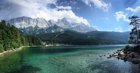 Lake Eibsee in the Bavarian Alps mountains with Zugspitze mountain on background, Bavaria, Germany,...