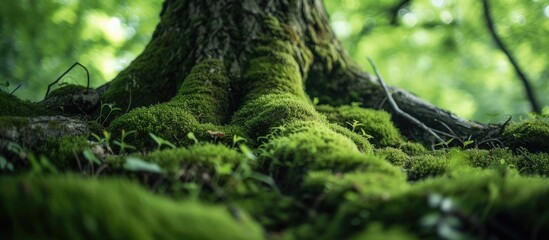 A towering tree in the forest, its trunk adorned with lush green moss, creating a captivating...