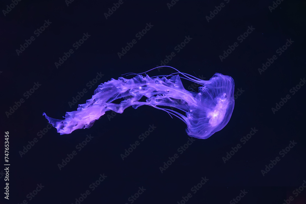 Wall mural Black sea nettle, Chrysaora achlyos swimming in dark water of aquarium tank with purple neon light. Aquatic organism, animal, undersea life, biodiversity