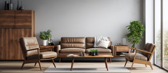 A contemporary living room featuring a variety of furniture items such as an armchair, sofa, and table, illuminated by natural light entering through a large window.