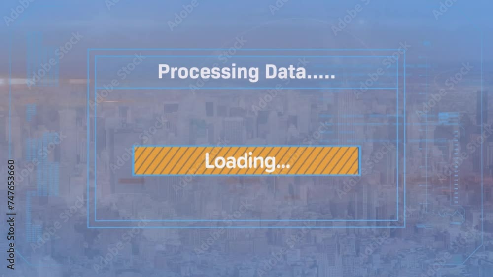 Poster animation of financial data processing and text over cityscape