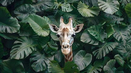 Leafy Encounter: Close-Up of a Giraffe Emerging from Green Foliage