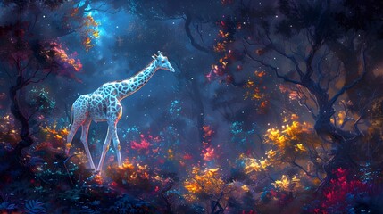 Whimsical Wilderness: Illustration of a Giraffe in a Colorful, Dense Forest Teeming with Vibrant Foliage