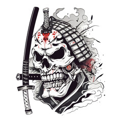 Illustration Design of Samurai with Skull Face for T-Shirt Design with PNG Image Vector Illustration