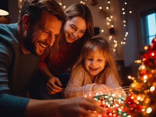 Obraz na płótnie Canvas A happy family hangs colorful decorations all around their home in a festive atmosphere.