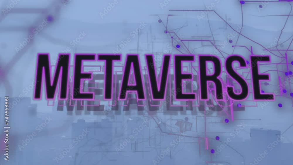 Poster animation of metaverse text and data processing over cityscape