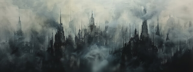 Mysterious cityscape veiled in a dense shroud of smoke, inviting curiosity and exploration. Generative ai. - obrazy, fototapety, plakaty