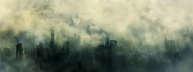 Mysterious cityscape veiled in a dense shroud of smoke, inviting curiosity and exploration. Generative ai.