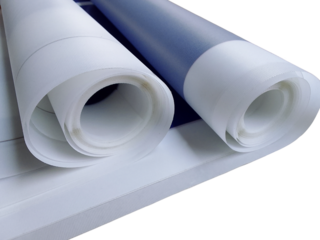 two rolled up banners isolated. packaged products. thin white tarpaulin with blue print