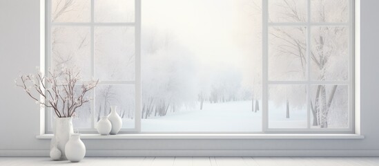 A white room with a large window showcasing a winter landscape outside. A vase filled with colorful flowers sits on a wooden table in the center of the room.