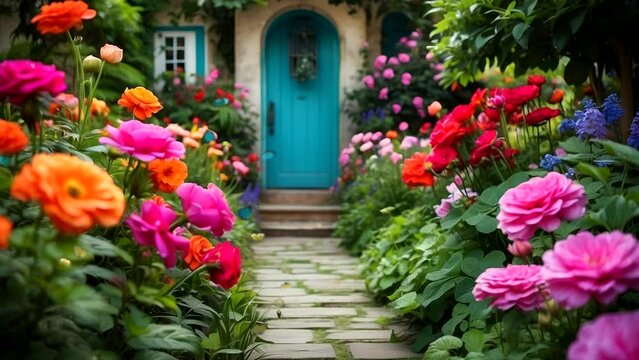 Spring landscape with red and pink flowers, dancing butterflies, in front of the house Seamless looping 4k time-lapse animation video background