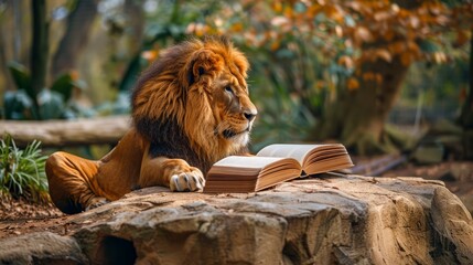 Naklejka premium Majestic Adult Lion Lounging and Contemplatively Looking Over an Open Book in a Serene Forest Environment