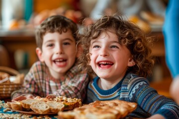 Cheerful Children Enjoying a Meal Together, Joyful Kids Laughing at Breakfast Table, Happy Siblings Sharing Food Moment