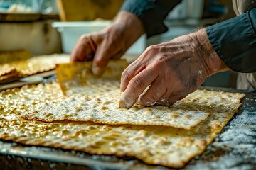 Fototapeta na wymiar Artisan Baker Handcrafting Dough with Precision for Fresh Golden Baked Goods in a Rustic Bakery Kitchen