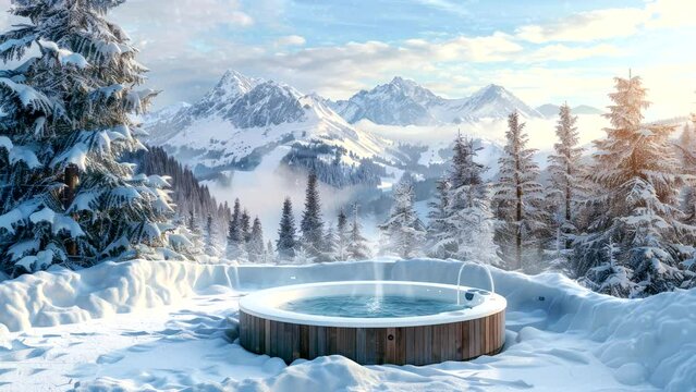 hot springs on ice snow mountain landscape video looping stock background 