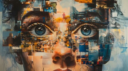 Life's Mosaic: Close-Up Portrait with a Face Composed of Memories