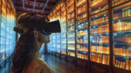 Young Woman Experiencing Virtual Reality Library with Futuristic VR Headset in Illuminated Data Center Room