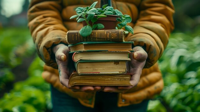 Person Holding a Green Plant on a Stack of Vintage Books Outdoors with Nature Background