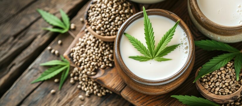 A glass of milk with a marijuana leaf placed on top of it, set against a wooden background. The image showcases the combination of milk and cannabis, highlighting the contrast between the white liquid