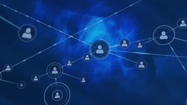 Animation of network of connections with icons on blue background