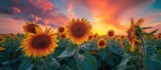 A vibrant sky provides the backdrop for a field of gorgeous sunflowers.