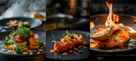 montage of three gourmet foods with flame seafood salmon
