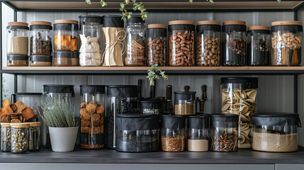 Kitchen glass containers on the shelf with spice nuts dry fruits granola musli and pasta