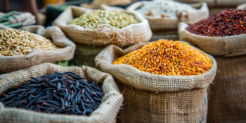 Fototapeta premium bowls of chickpeas, lentils, split pea, kidney beans, black beans dry legumes food at an indian or african market