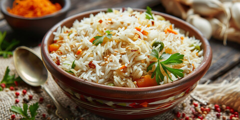 cooked Basmati rice in a clay bowl with wooden spoon and green seasoning leaves and chili
