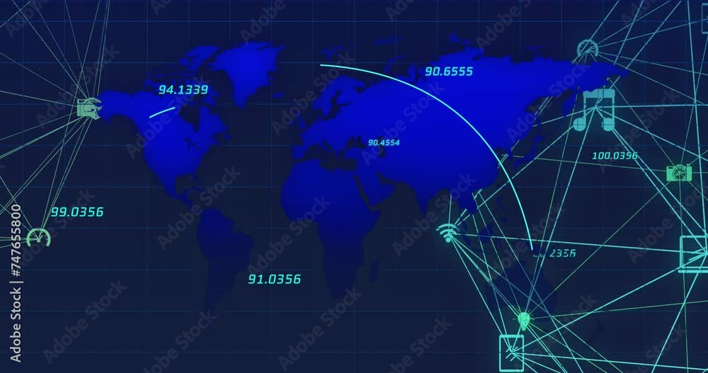 Poster animation of financial data processing and network of connections over world map on black background
