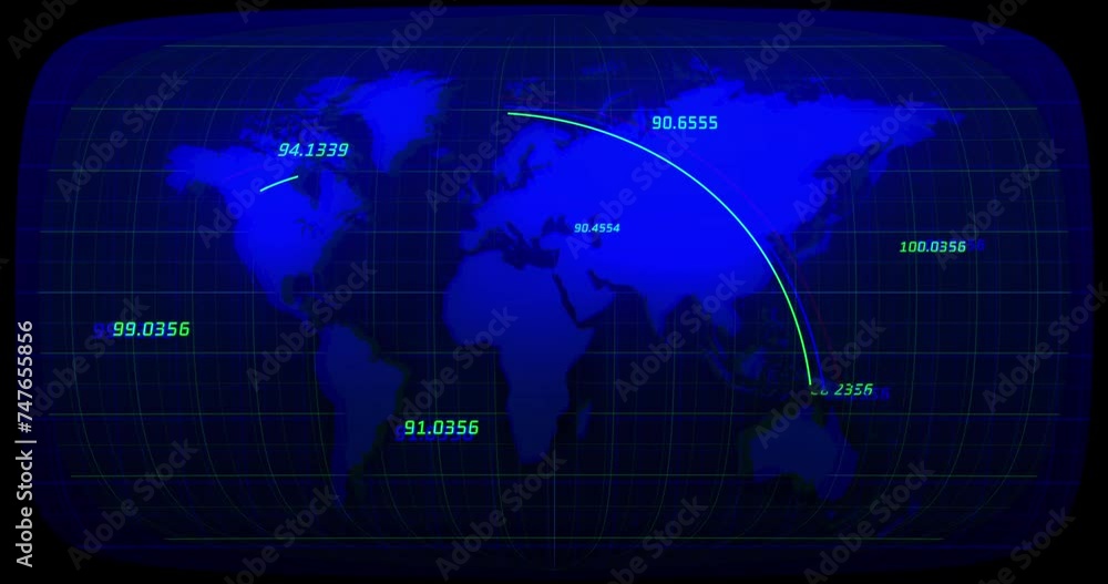 Poster Animation of financial data processing over world map on black background