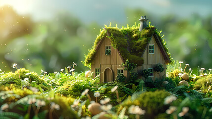 House model, green bokeh background, real estate concept