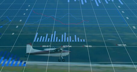 Animation of financial data processing over plane and mountain landscape - Powered by Adobe