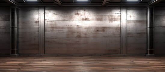 An empty room with a metal floor and wooden walls, illuminated by ceiling lights. The room appears vacant and stark, with a minimalist design.