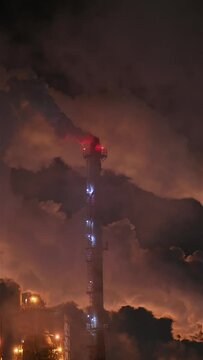 Refinery chimney in vapor of the cooling tower at extremely cold temperature on night sky.