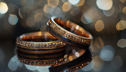 a close up shot of black and rose gold wedding rings - obrazy, fototapety, plakaty