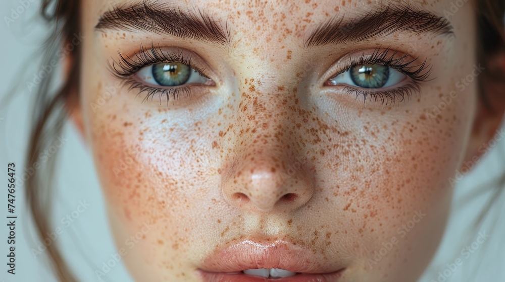 Wall mural close-up portrait of a young caucasian woman with freckles and clear skin