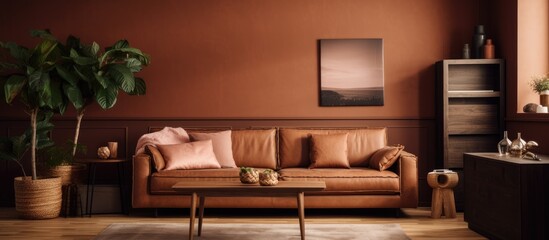 A brown living room with a variety of furniture pieces such as a sofa, coffee table, armchair, and side table. A potted plant adds a touch of greenery to the space,